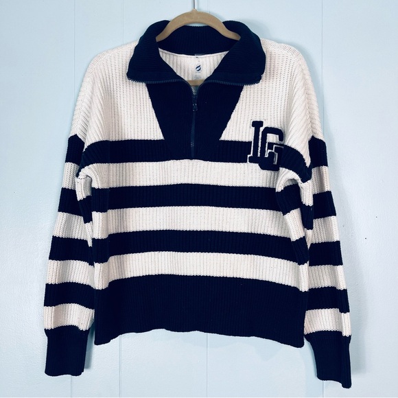 Lou & Grey Women Large Striped Polo Sweater Varsity Letter Half Zip Chunky Knit - Picture 1 of 6